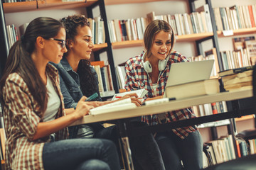 Wall Mural - Female students study in the college library.Learning and preparing for exam.