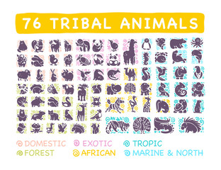 Vector collection of flat cute tribal animal icons with hand drawn ornament isolated on white background. Spread life area, info graphic. Perfect for logo, web design, banners, patterns, prints etc.