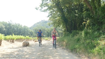 Wall Mural - happy young couple riding bicycle in countryside during summer