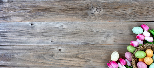 Sticker - Easter eggs inside bird nest with tulips on lower right corner of weathered wood