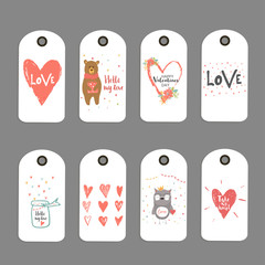 Wall Mural - Lovely set of 8 Valentines day gift card, label, tag, badge with heart and lettering love.