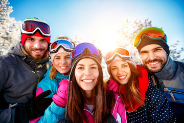 Wall Mural - portrait group of friends skiers on winter holidays