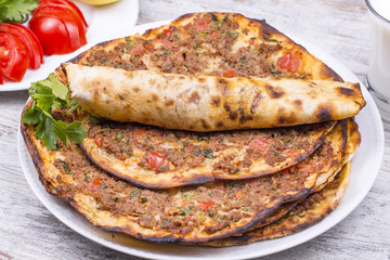 Wall Mural - traditional delicious turkish food; , bread with meat, turkish pizza (lahmacun)