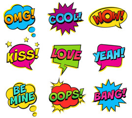 Wall Mural - retro colorful comic speech bubbles set on white background. expression text bang, omg, love, be min