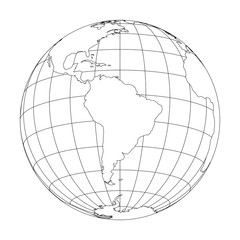 Wall Mural - outline earth globe with map of world focused on south america. vector illustration.