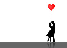 Romantic Silhouette Of Loving Couple. Valentines Day 14 February. Happy Lovers. Vector Illustration Isolated Or White Background 