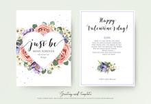 Vector Floral Card Design With Watercolor Lavender Garden Pink Rose,  Violet Succulents, Eucalyptus Branches And Leaves. Lovely Valentine Day Greeting, Invite, Postcard. Heart Shape Frame & Text Space