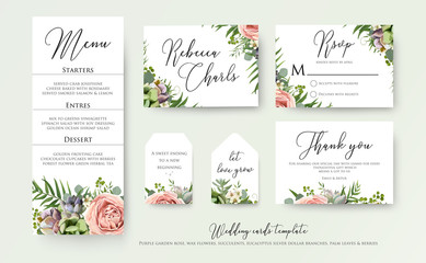 Wall Mural - Wedding floral invite thank you, rsvp label cards Design with lavender pink violet garden rose, green palm leaf greenery eucalyptus branches decoration. Vector elegant watercolor rustic template set