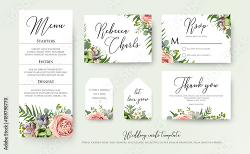 Wedding floral invite thank you, rsvp label cards Design with lavender pink v...