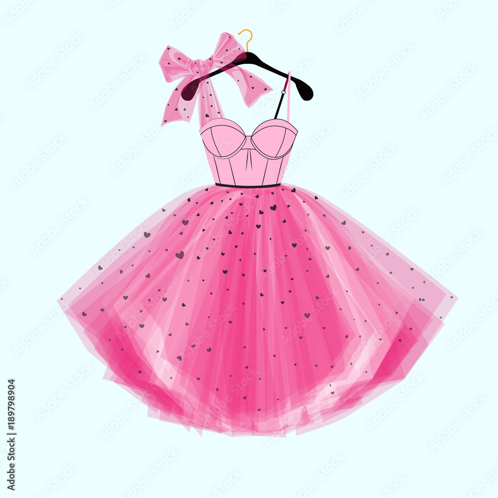 Pink party prom dress with bow. Fashion illustration for invitation card Stock Vector | Adobe Stock Pink party prom dress with bow. Fashion illustration for invitation card Stock Vector | Adobe Stock