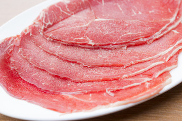 sliced raw beef sirloin tip on white dish