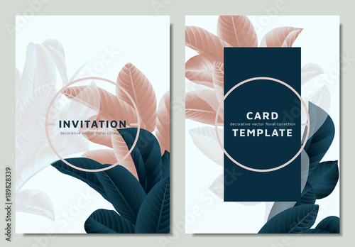 Cuadros en Lienzo Hand drawn Tropical dark green,brown and white guava leaves on branch, invitatio