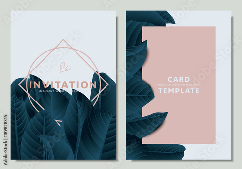 Cuadros en Lienzo Hand drawn Tropical dark green guava leaves with pink elements, invitation card