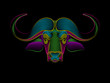 Graphic print of drawn buffalo. Psychedelic color. Engraving.