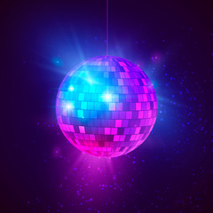 Poster - disco ball with bright rays and bokeh. music and dance night party background. abstract night club r