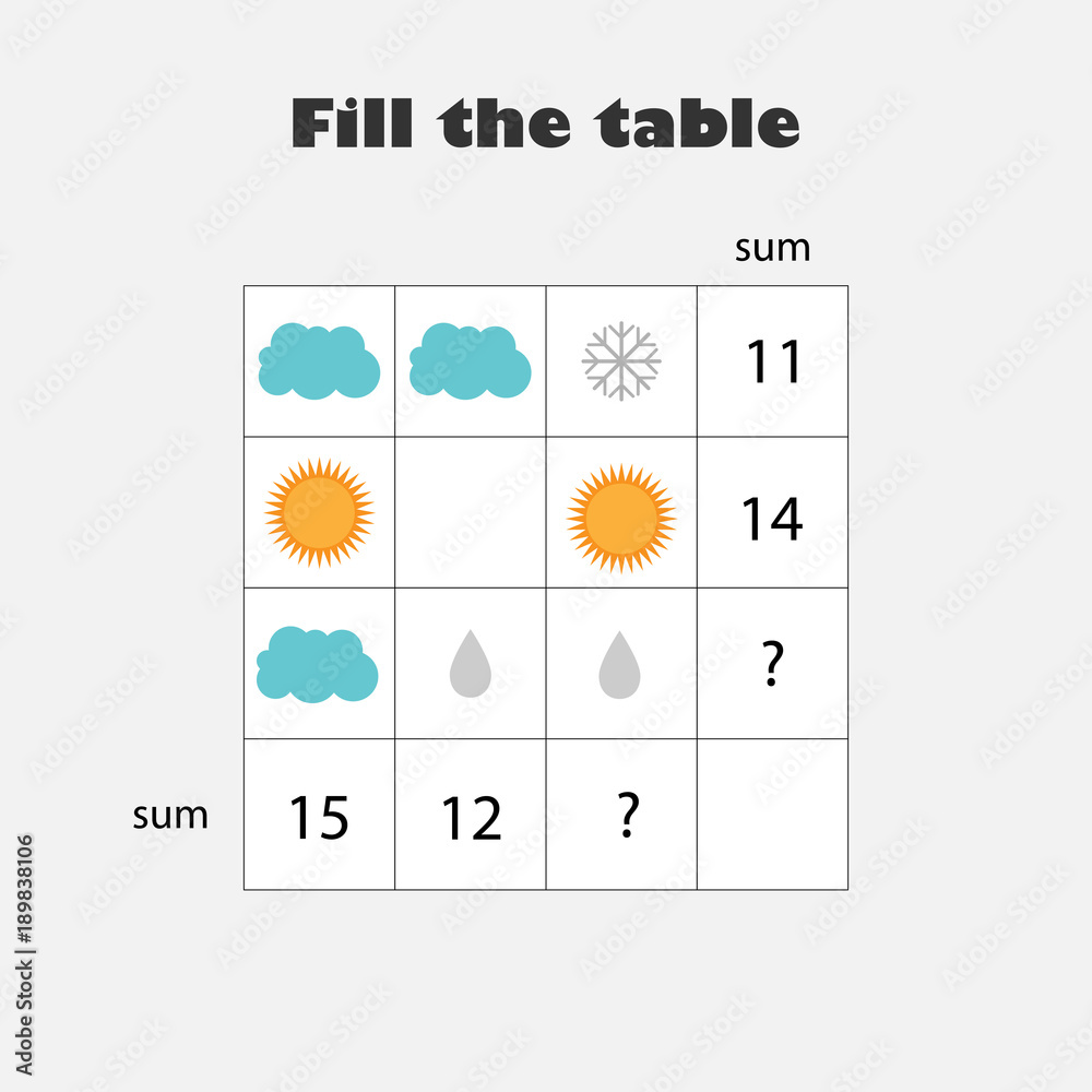 Temperature Math Games Mathematics game with pictures (weather theme) for children, easy level ...