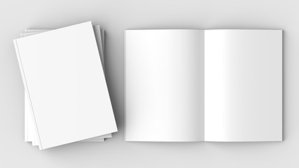 brochure, magazine, book or catalog mock up isolated on soft gray background. 3d illustrating.