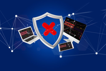 Poster - Shield symbol surrounded by devices and network displayed on a futuristic interface