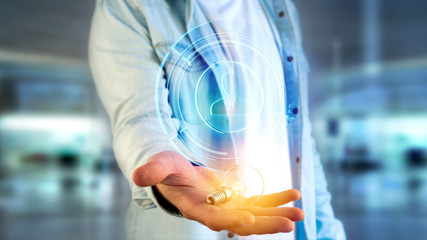 Businessman holding a Shinny technologic network contact button  - 3d render