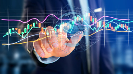 Poster - businessman holding a 3d render stock exchange trading data information display on a futuristic inte