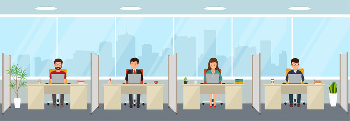 Modern office interior with employees. Creative office workspace with big window, furniture in interior, desktop, laptop.