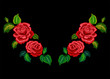 Embroidery neckline pattern with red roses. Vector embroidered floral design for fashion wearing.