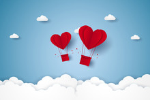 Valentines Day , Illustration Of Love , Red Heart Hot Air Balloons Flying In The Sky , Paper Art Style