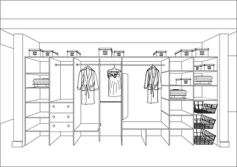 3D vector sketch. Wardrobe in the interior. Big modern wardrobe with folded and hanging clothes. Home Interior Design Software Programs. Lines, construction, appliances.