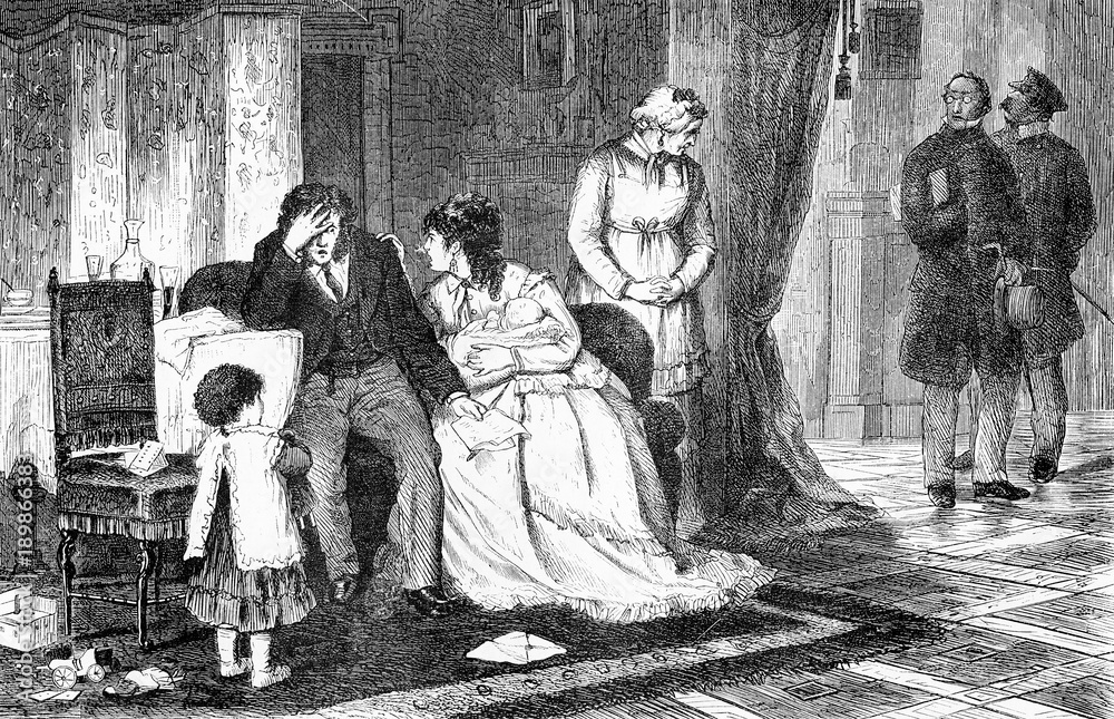 Family disaster, father goes bankrupt, vintage engraving