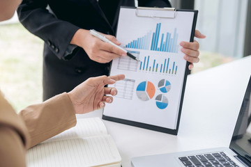 Aufkleber - Business team meeting present, investor executive colleagues discussing new plan financial graph data on office table with laptop and tablet, Finance, accounting, investment