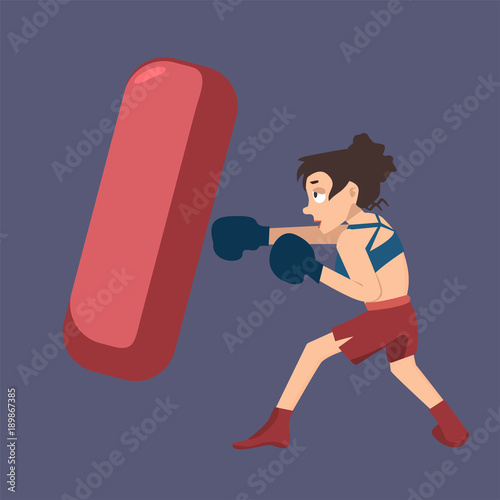 girl punching boxing bag vector cartoon © olku