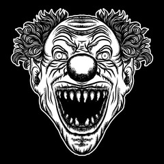 Scary clown head concept of circus horror film character. Laughing angry insane joker head, front face of horror and crazy maniac. Evil smiling character. Blackwork adult flesh tattoo concept. Vector.