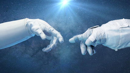 Wall Mural - two near touching hands in space suits, michelangelo touch pose