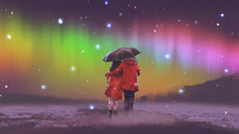 Couple In Red Coat Under An Umbrella Walking On Snow Looking At Northern Light In The Sky, Digital Art Style, Illustration Painting