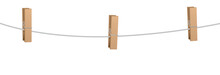Three Clothes Pins On A Clothes Line Rope - Wooden Pegs Holding Nothing.