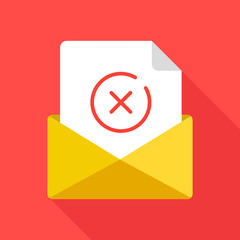 Poster - Opened envelope and document with red x mark line icon. Message wasn't sent, error,e-mail delivery failed, remove email, delete mail letter. Long shadow flat design. Vector illustration