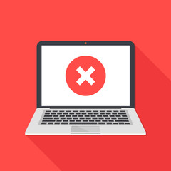 Poster - Laptop and x mark. Notebook and round red cross mark icon on white screen. Error window, exit button, no, cancel, 404 error page not found concepts. Modern long shadow flat design. Vector illustration
