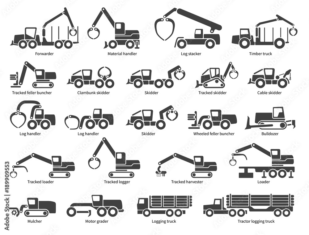 Forestry machinery icons set. Each icon with text label description. Forestry  machine types. Vector silhouette on white background - obrazy, fototapety, plakaty 