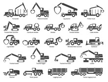 Forestry Machinery Icons Set. Each Icon With Text Label Description. Forestry  Machine Types. Vector Silhouette On White Background