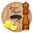 Lemon Pepper, popular seasoning made from lemon zest and cracked peppercorns, dark wood pepper mill, wood cutting board.  