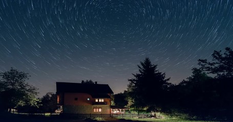 Wall Mural - Star trails time lapse above the house. Residential building and the star trails on the sky. Comet style. The night sky is astronomically accurate.