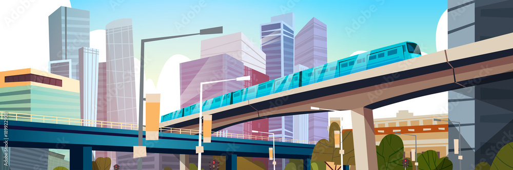 Modern Urban Panorama With High Skyscrapers And Subway City Background ...