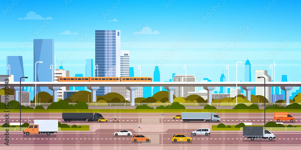 Cityscape Background Modern City Panorama With Highway Road And Subway ...