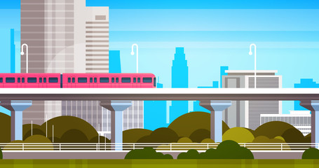 Wall Mural - Modern City Skyscrapers View Cityscape Panorama With Subway Train Urban Background Flat Vector Illustration