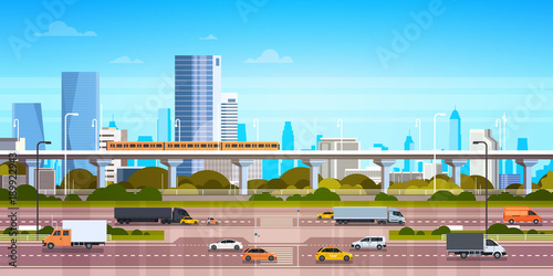 Fotomural Cityscape Background Modern City Panorama With Highway Road And Subway Over Skys