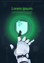 Poster - robotic hand touch shield button on digital monitor web security and protection concept banner with 