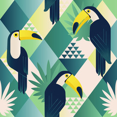 Wall Mural - Exotic beach trendy seamless pattern, patchwork illustrated floral vector tropical leaves. Jungle toucan. Wallpaper print background mosaic.