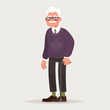Grandfather wearing glasses. An elderly man with a cane in his hands. Vector illustration in cartoon style
