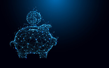 Aufkleber - Abstract Pig piggy bank and coin form lines and triangles, point connecting network on blue background. Illustration vector