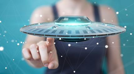 Poster - Businesswoman with retro UFO spaceship 3D rendering